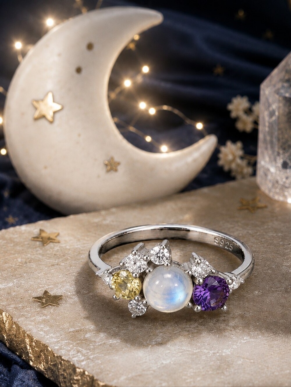 925 Sterling Silver Genuine Moonstone Celestial Multi Stone Cluster Ring Size 10